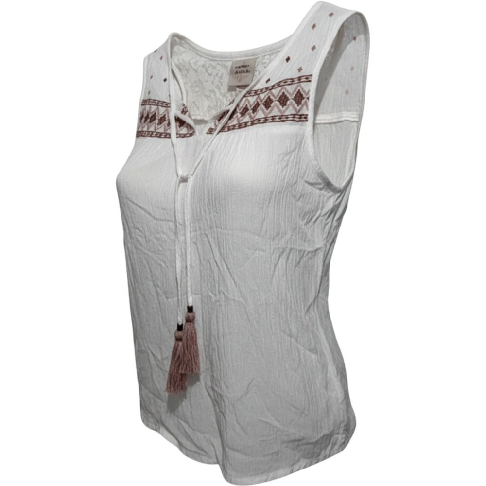 Knox Rose Womens XS White Embroidered Boho Gauze Sleeveless Blouse‎ Tassel Lace